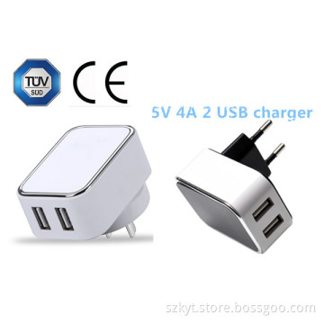 phone accessories 5V 4A dual usb wall charger, TUV CB CE certified smartphone portable charger